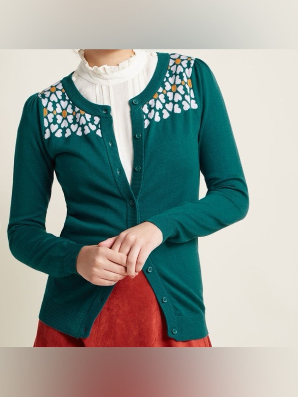 Modcloth Teal Floral-Yoke Button Cardigan